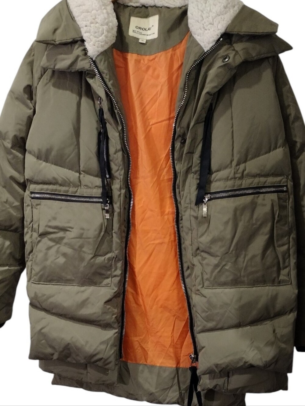 OROLAY Olive Green Puffer Jacket with Orange Lining